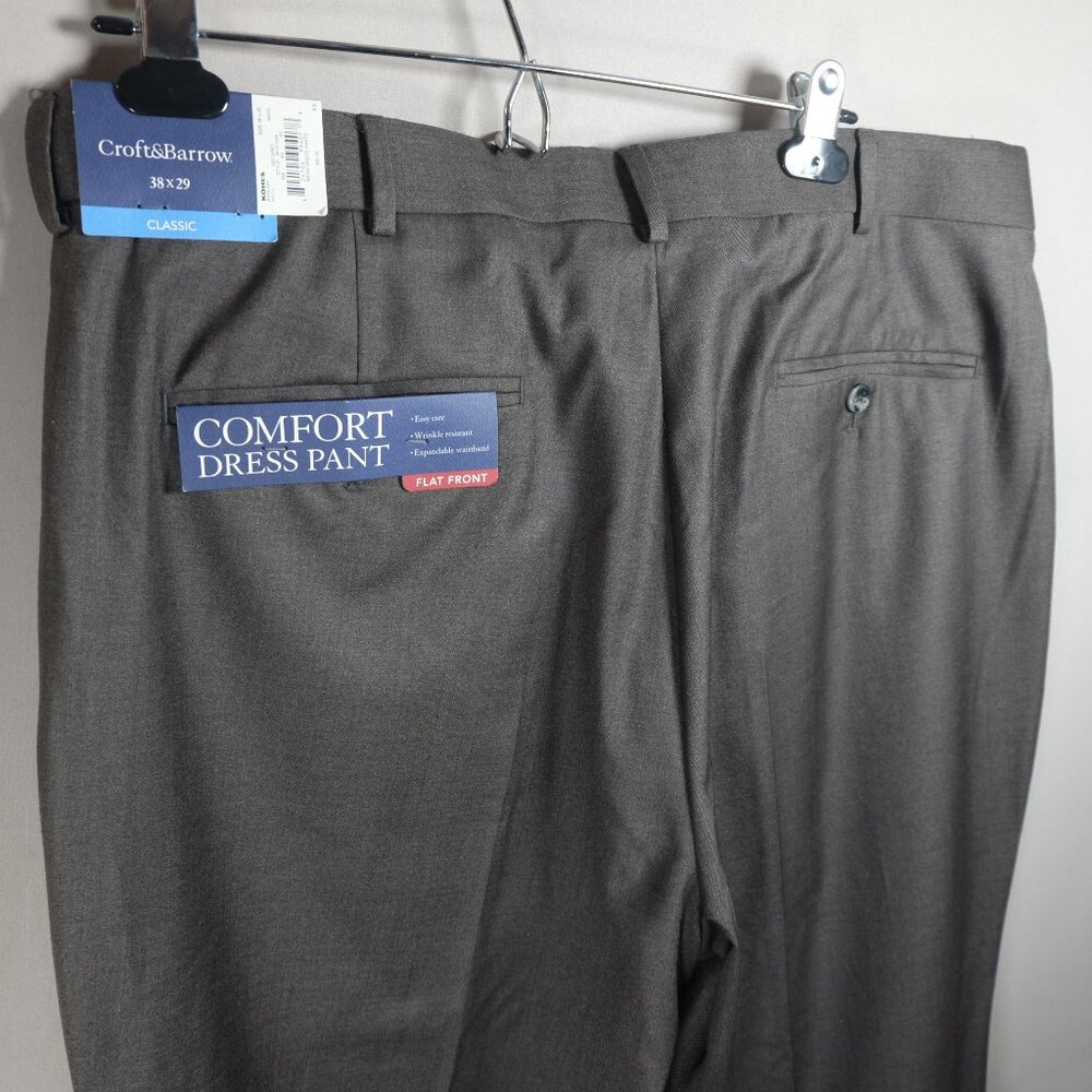 NEW Croft Barrow Flat Front Wrinkle Resistant Pants Mens 38x29 Gray Classic Fit